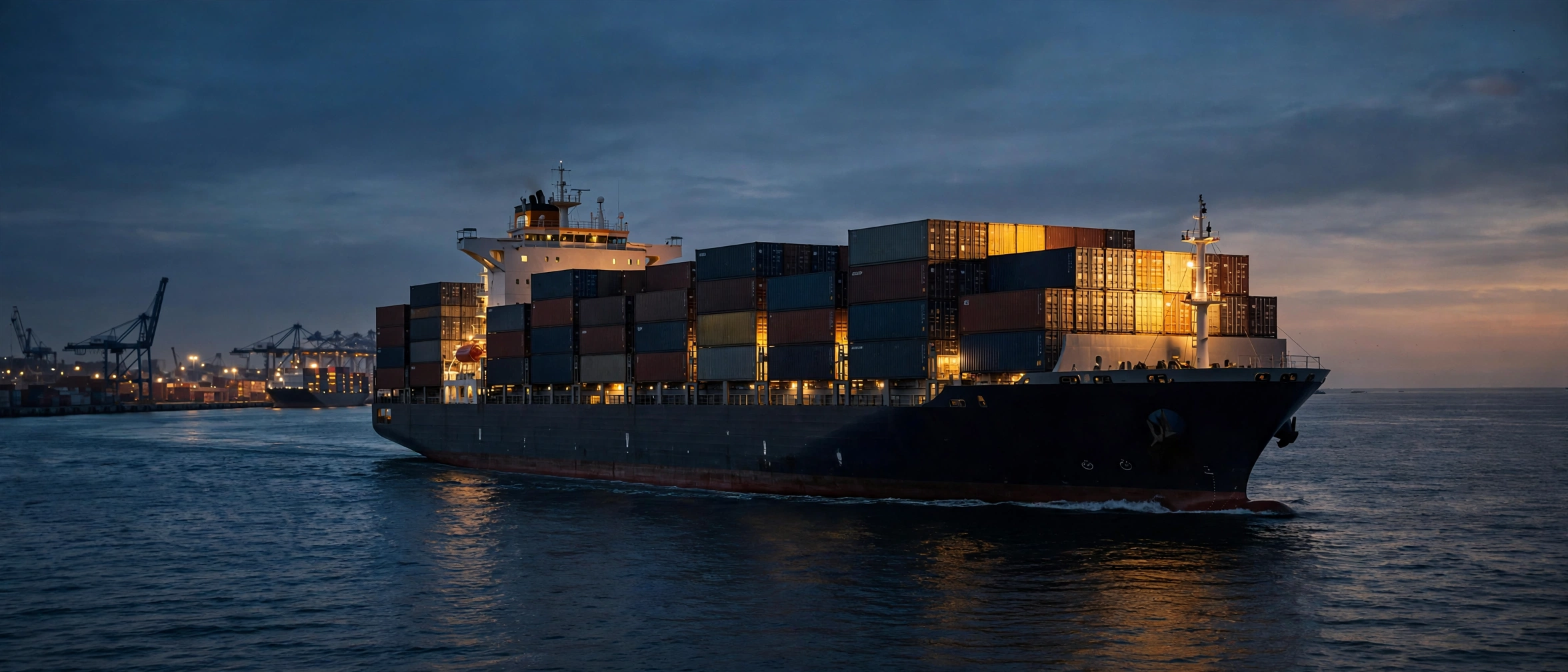Container ship at dusk